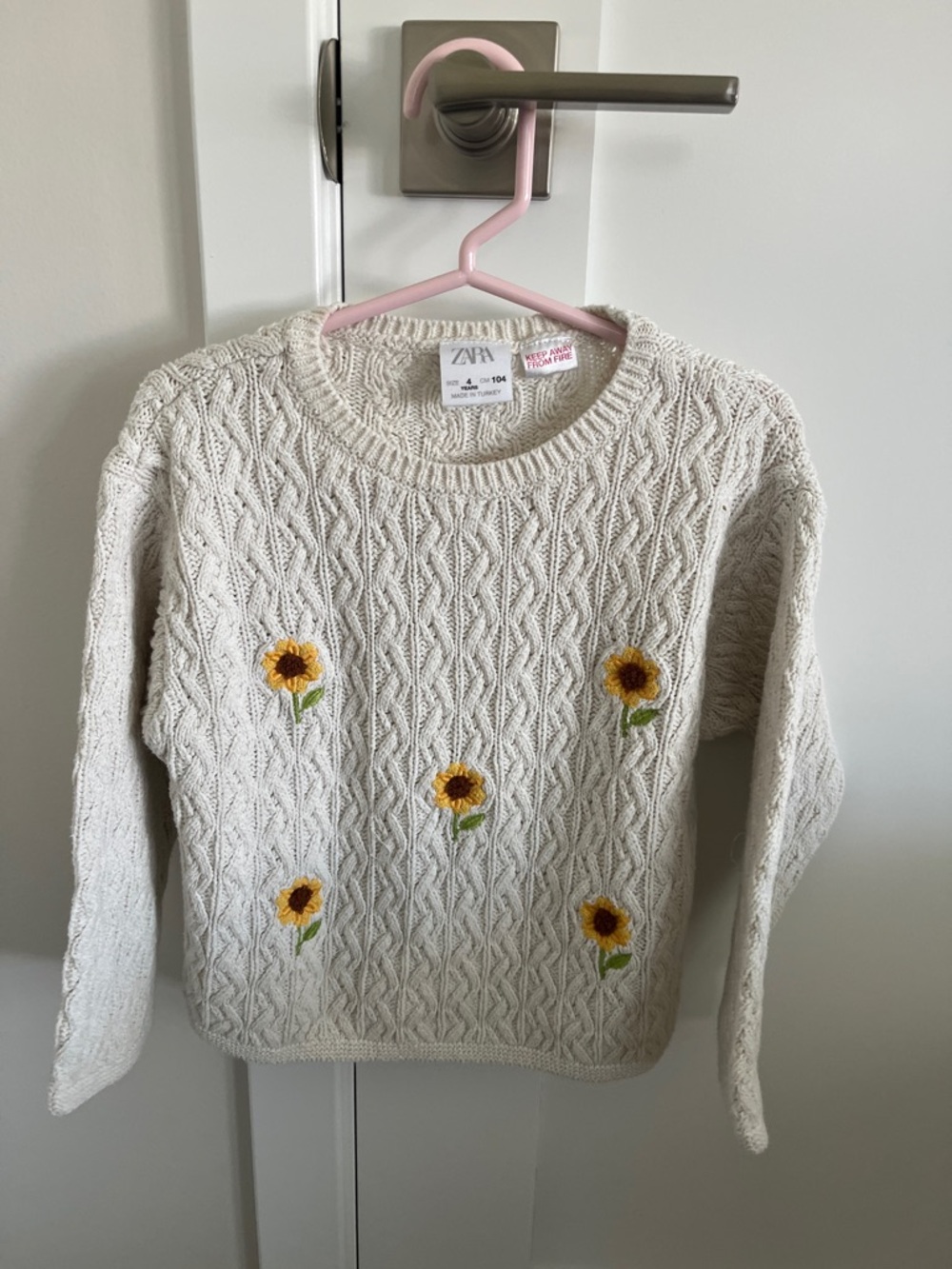 Zara Cream Cable Knit Sweater with Sunflower Embroidery